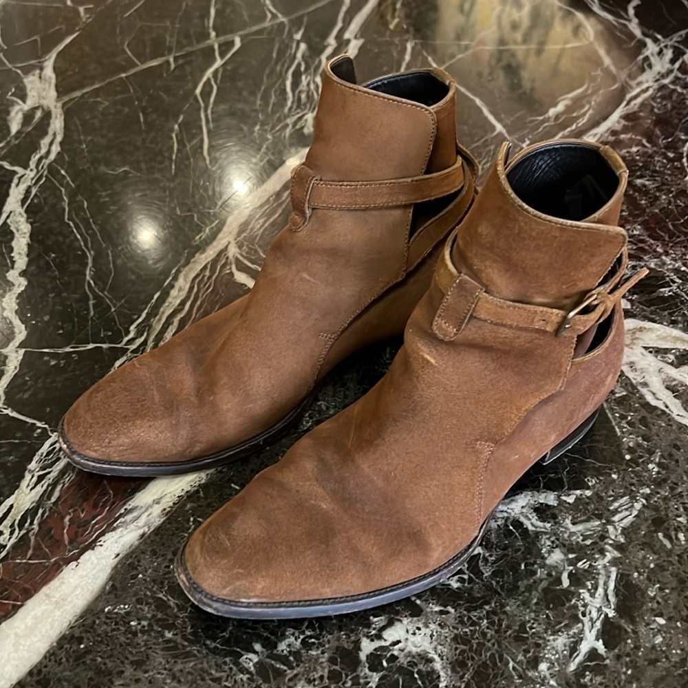 SAINT LAURENT Light Brown Suede Boots Ankle Strap Size 41